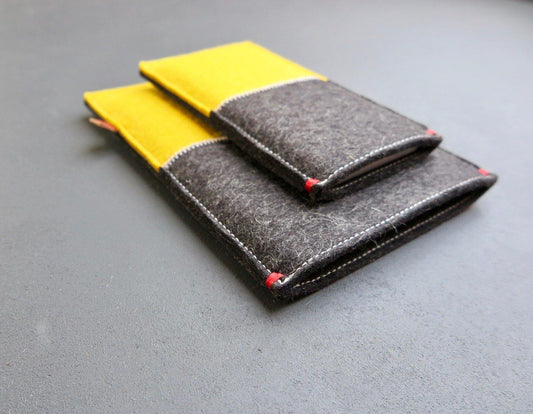 Set vilten iPad hoezen in zwart en geel wolvilt voor iPad Pro Air en Mini en iPhone