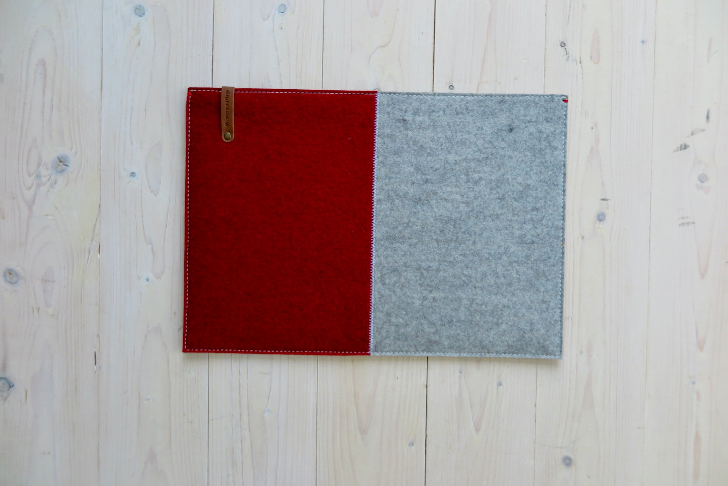 100% wool felt laptop cover in gray and orange, leather closure and extra box