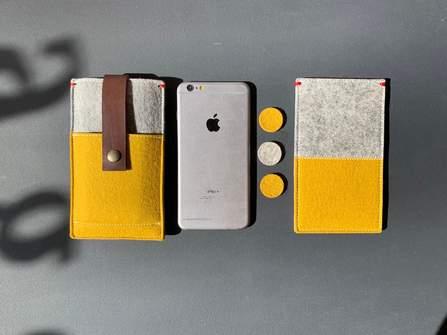 IPhone Wallet Case | Woolfelt | Cover with credit card box Gray and Yellow | leather closure