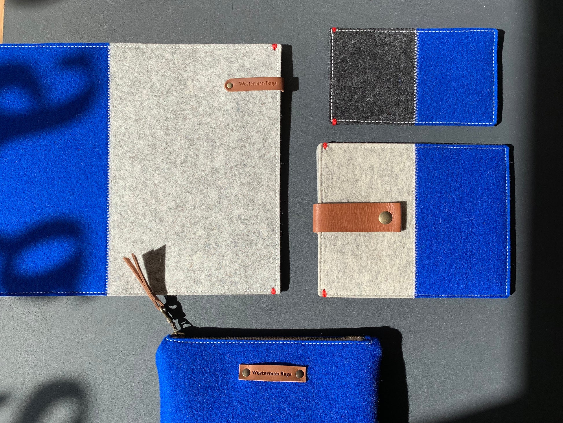 Blue wool felt accessories collection - pencil case, eraser case, iPad case by Westerman bags