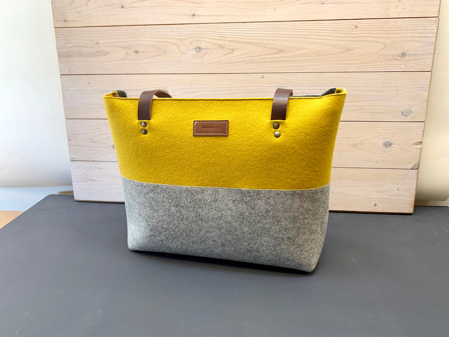 Westerman Bags pure wool felt bag shopper tote Grey and yellow